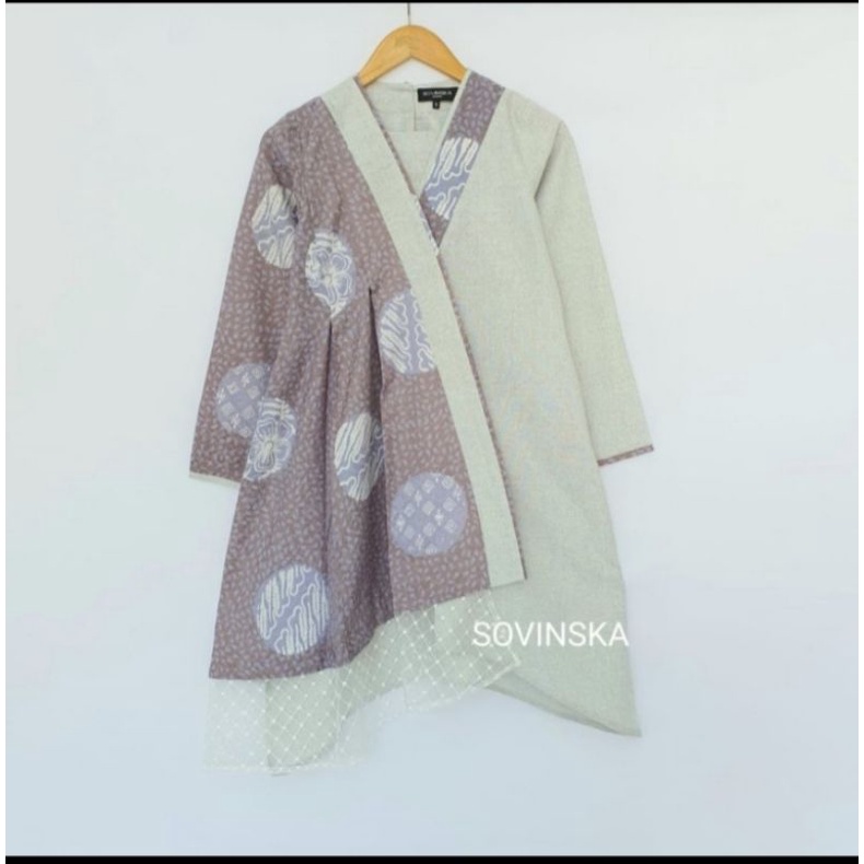 Dress Batik Kombinasi WTP 141 Abu- Abu Baju Kerja Wanita Tunik Lengan Panjang Original by Sovinska