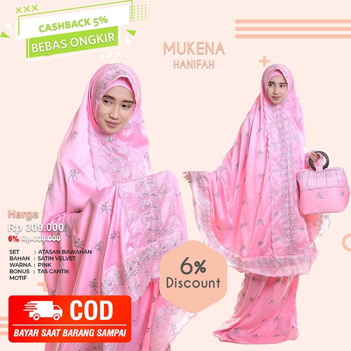 Mukena Dewasa Hanifah Satin Velvet Motif Adem Lembut Bonus Tas Cantik