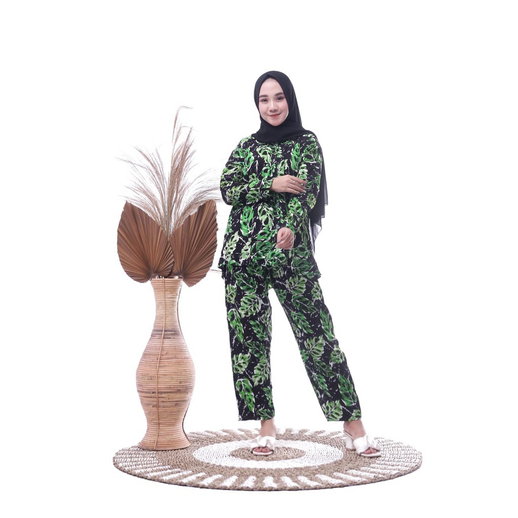 One Set Tie Dye Panjang Motif Daun Kain Rayon Adem