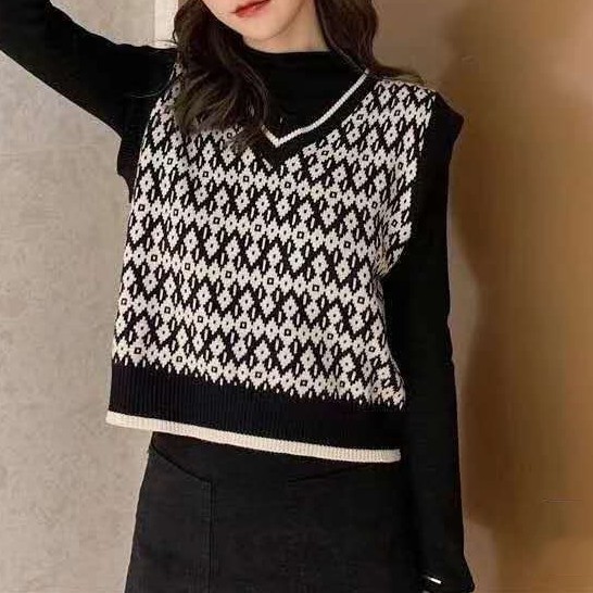 Korea Tanpa  lengan  longgar v neck Rompi  kisi sweater 