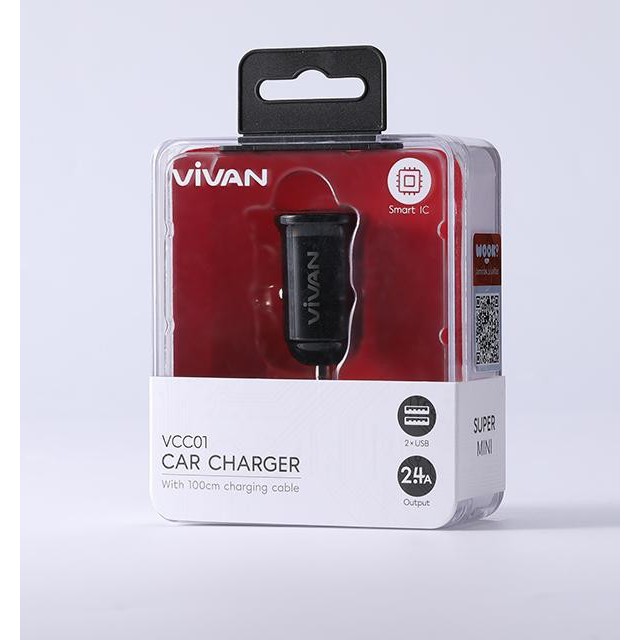 VIVAN Car Charger VCC01 2.4A Dual Port Small Sever Mobil Portable white Cable 100cm Garansi Resmi