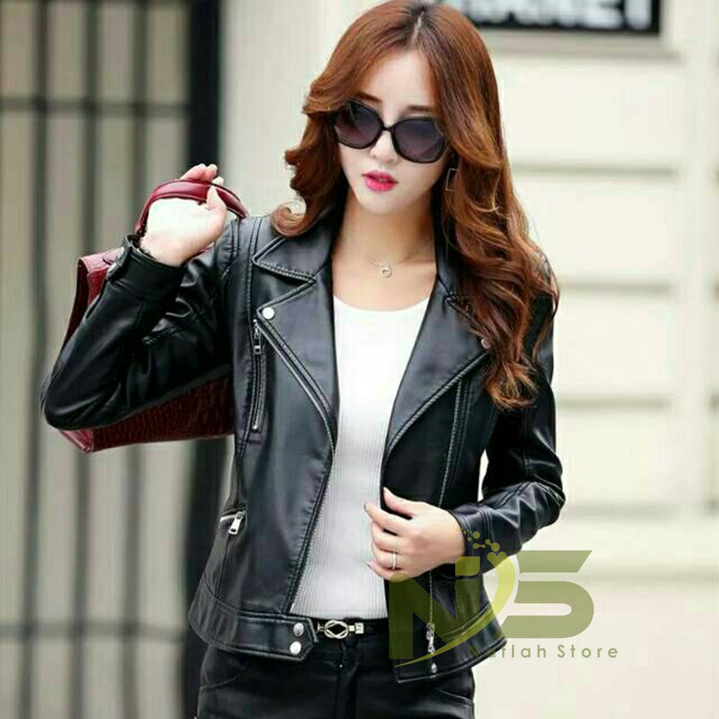 PREMIUM Jaket Kulit Asli Wanita Elegand Black Tipe Cewek Perempuan Sintetis