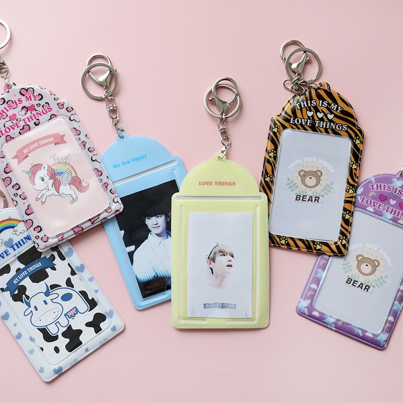 2 Card Slots PVC Card Holder Kpop Photoard Holder Keychain Keyring Pendant ID Card Organizer