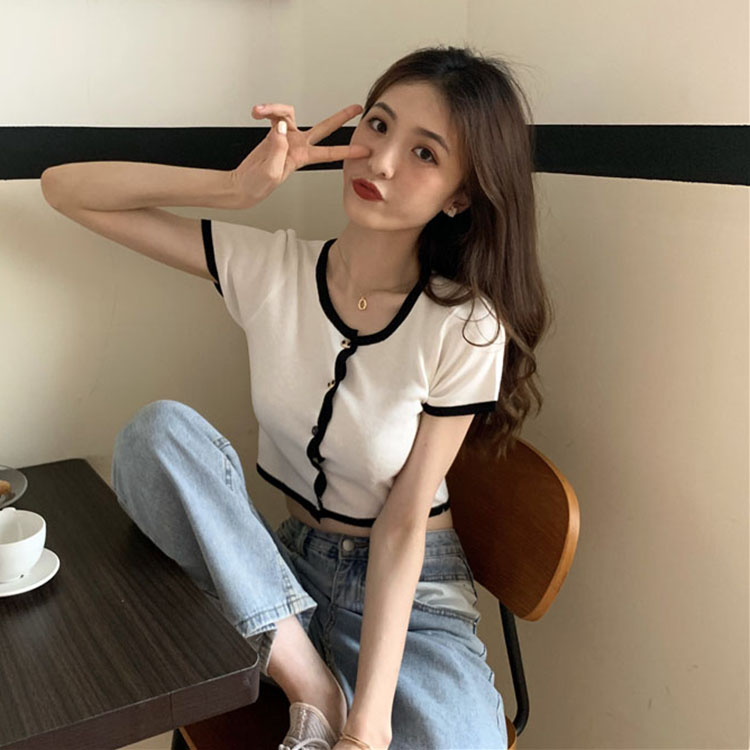 Kaos Lengan Pendek Model Crop Top Bahan Rajut Gaya Korea Untuk Wanita