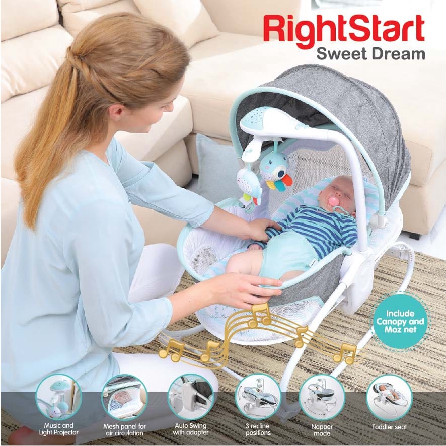 Right Start Sweet Dream Multi-Functional Deluxe Napper Bouncer - Ayunan Bassinet Ranjang Anak Bayi Baby Crib Small Portable Swing Rocker Canopy Kanopi