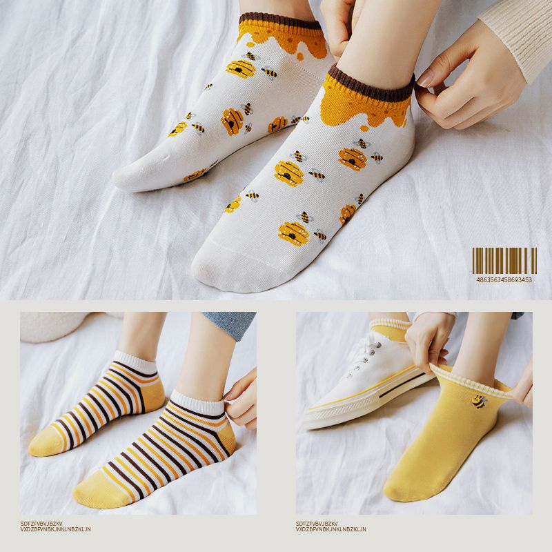 Kaos Kaki Wanita Fashion Motif Lebah | Kaos Kaki Pendek Korea Socks Import