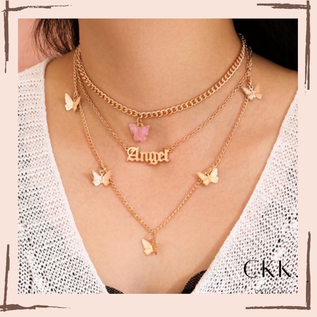 ➰CKK➰ Kalung Rantai Panjang Double Layer K11 Liontin Butterfly Letter Angel Bahan Akrilik