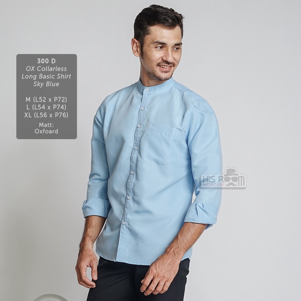 HSRM - Kemeja Pria Kerah Shanghai Kemeja Collarless Kemeja Formal Polos Lengan Panjang KEGA OX 293 300