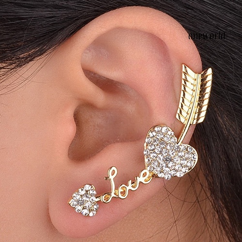 OW@ 1Pc Women Charm Love Heart Arrow Rhinestone Ear Cuff Earring Clip Punk Ear Stud