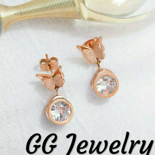 GG Anting Tusuk Berlian kupu kupu Titanium Rose Gold#AT-150