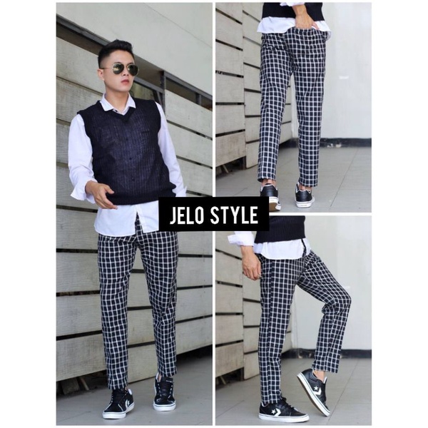 Celana Panjang pria tartan pants hitam putih kotak jumbo