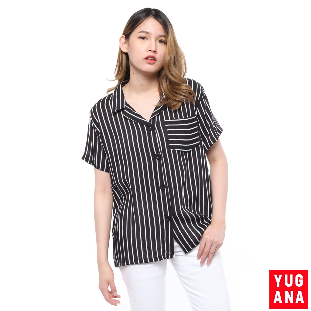 BL - 90111 Kemeja Wanita Lengan Pendek Garis-1