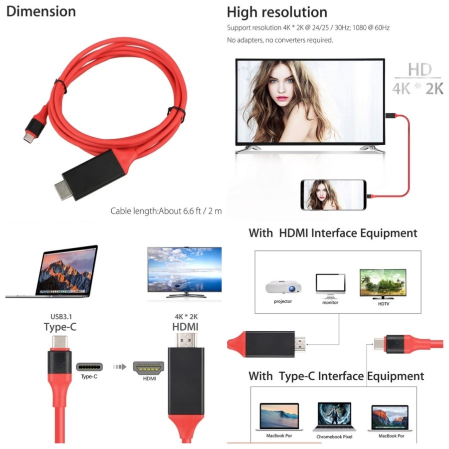 Type C HDTV Cable L9A HDMI 2.0M Cable Type-C to HDMI Konverter Kabel Tipe C ke TV Monitor HDMI