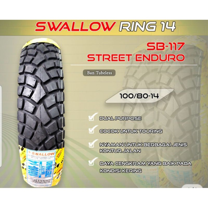 Ban luar swallow tubeless 100/80-14 sb117 street enduro