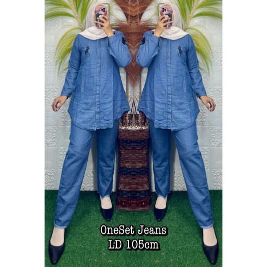 ONE SET JEANS MIX KATUN LONGTUNIK LD 110  TERBARU