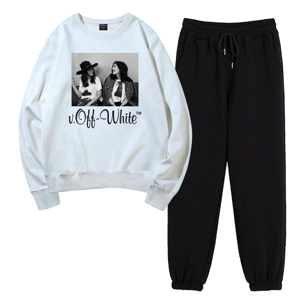 BESS - Baju Setelan Wanita Murah / Setelan Sweater + Jogger Hitam - OFF WHITE