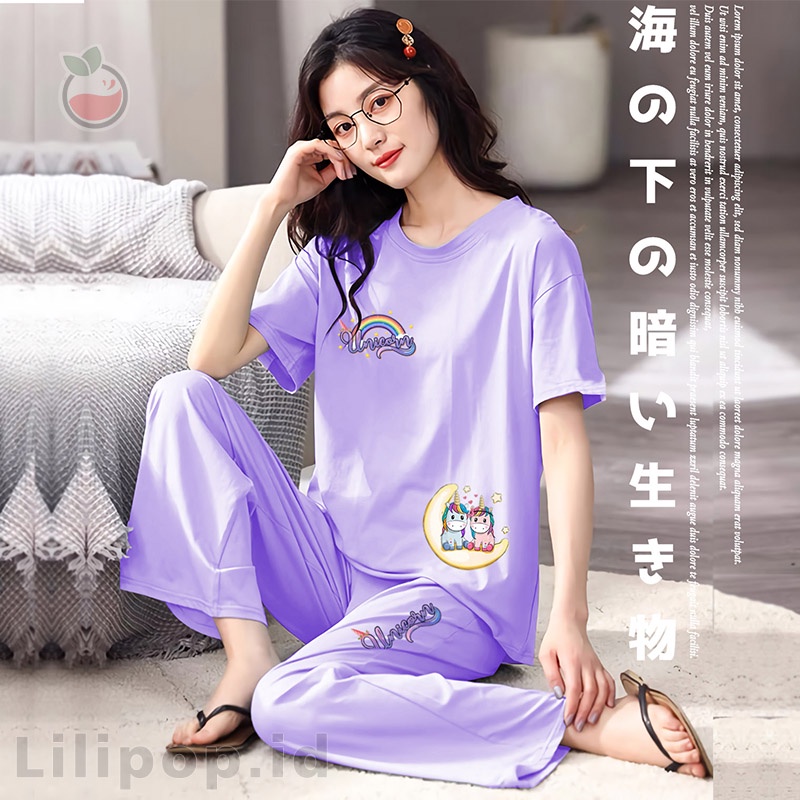 Baju Tidur Stelan Wanita Celana Panjang Dewasa Allsize Cp-Unicorn ungu