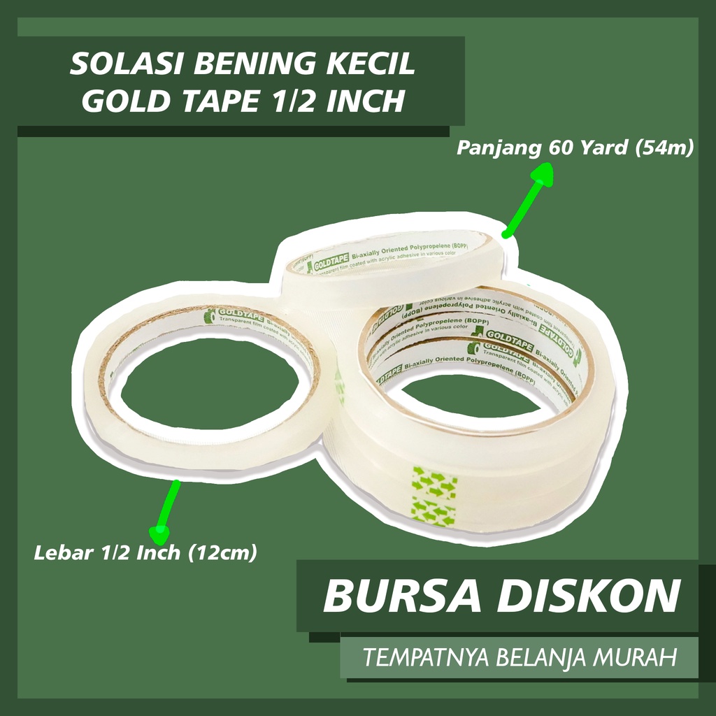 

Lakban Bening Goldtape 1/2" Solasi Solatip Tape Gold Tape o,5 Inch Inchi 12 mm / 1,2 cm