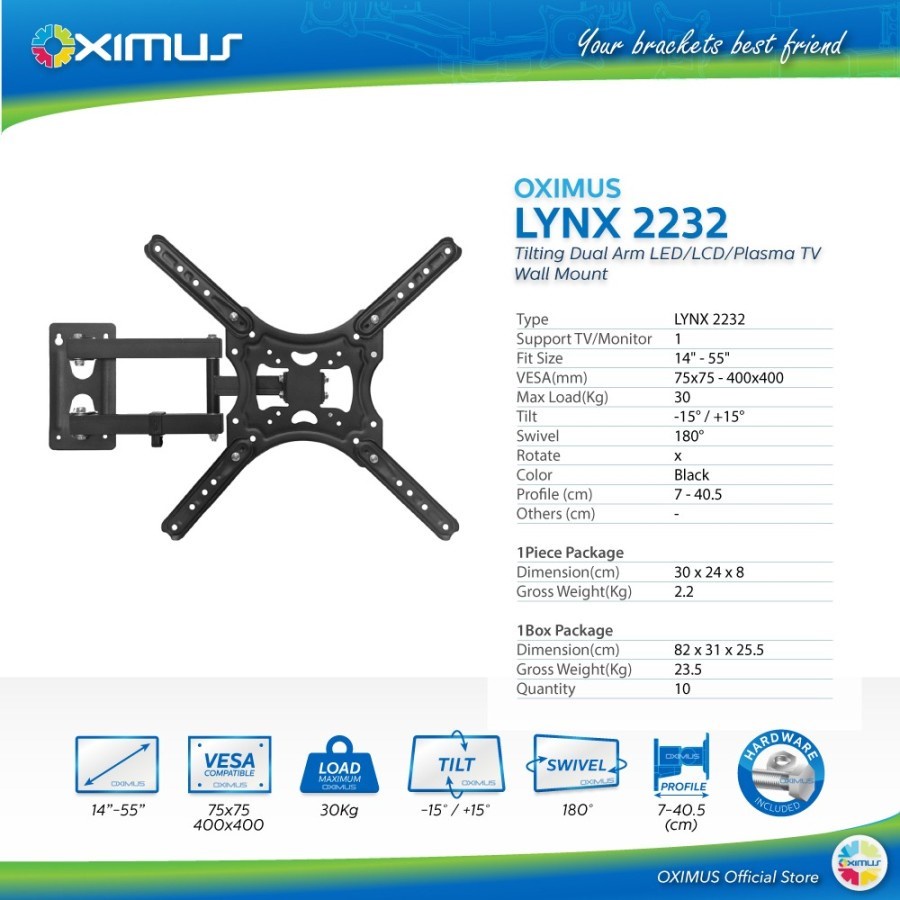 Bracket TV LED Monitor Oximus Lynx 2232 14&quot; Up To 55&quot; Wall Mount Tilt