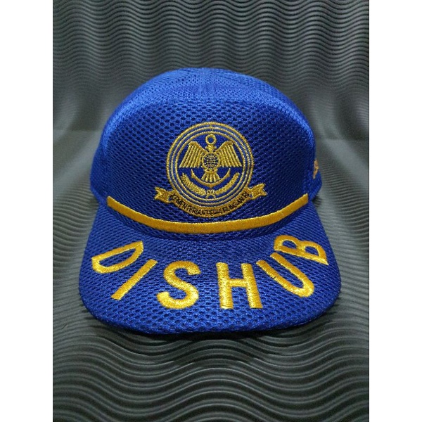 Topi jaring Dishub Biru Lingkar Kuning  | Topi jala Logo  | Topi jaring pria | topi pria dewasa