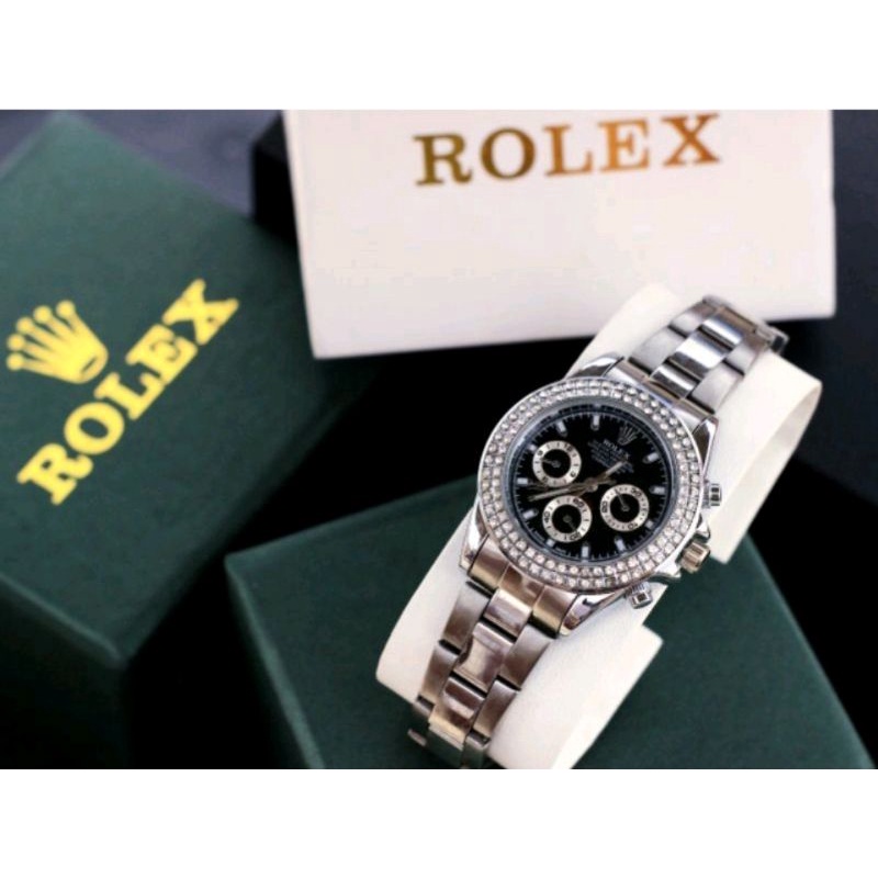 Jam tangan fashion wanita rolex daytona ring permata chrono variasi KW-2621NA rantai diameter 3,8cm