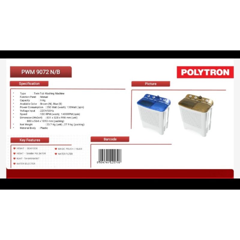 [NEW] Mesin Cuci Polytron 9 Kg PWM 9072
