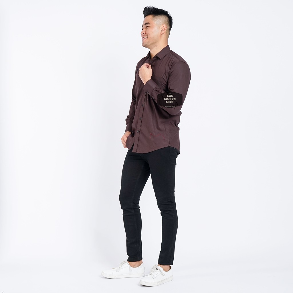 Kemeja Pria Lengan Panjang Polos Coklat Tua Dark Brown Kemeja Cowok Keren Casual Slimfit 3242