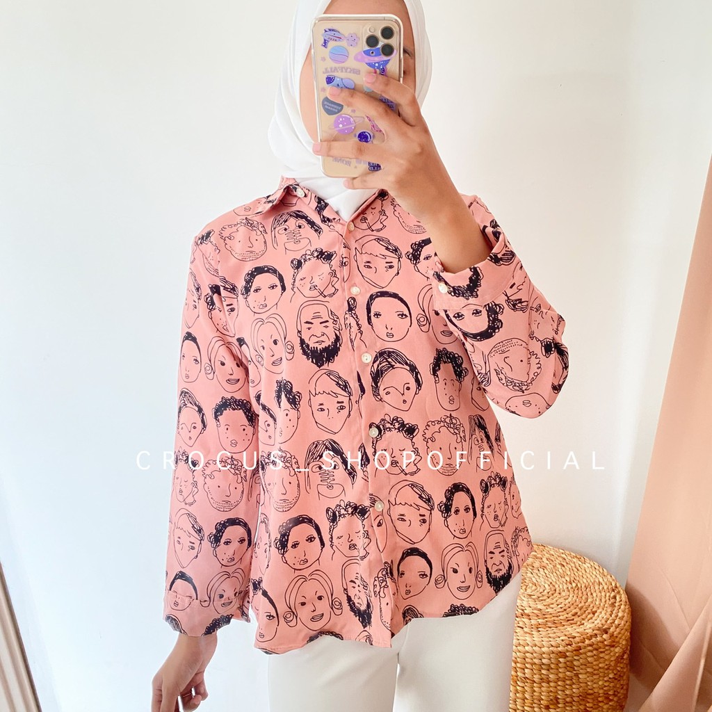 [ 𝐂𝐫𝐨𝐜𝐮𝐬 ] Kemeja wanita retro korea Face mix Wolfis-Face PJ - DUSTY PINK