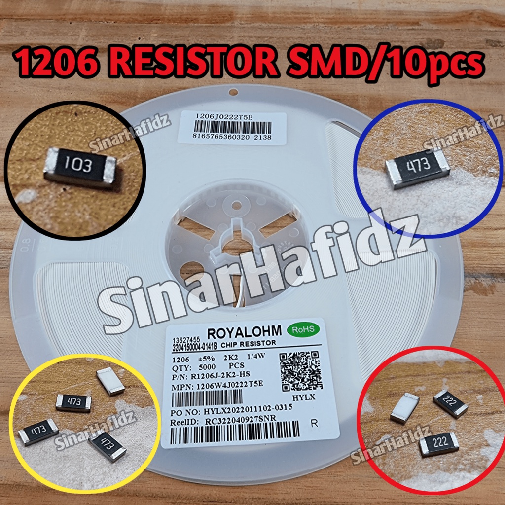 Resistor smd 1k 2k2 10k 47k 150k 220k 680k 1206 variasi kilo ohm per 10 pcs