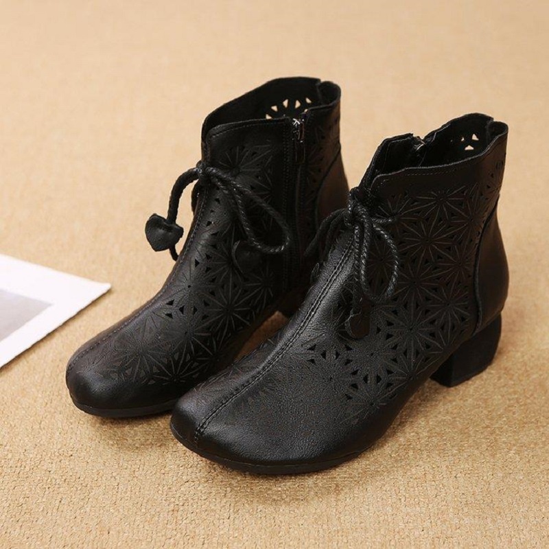 Musim Panas Bernapas Korea Cantik Kulit Asli Sepatu Boots Wanita Cewek Resleting Tali Tinggi Hak Casual Formal Kerja Kuliah 201