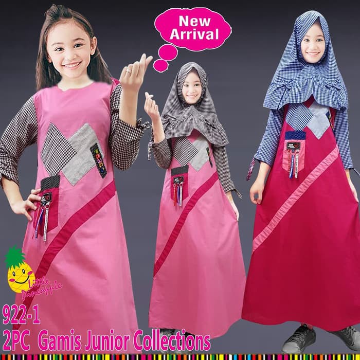 (7-12th) Baju Muslim Anak Perempuan LP Gamis Pink Katun Tambal kotak - 7 tahun