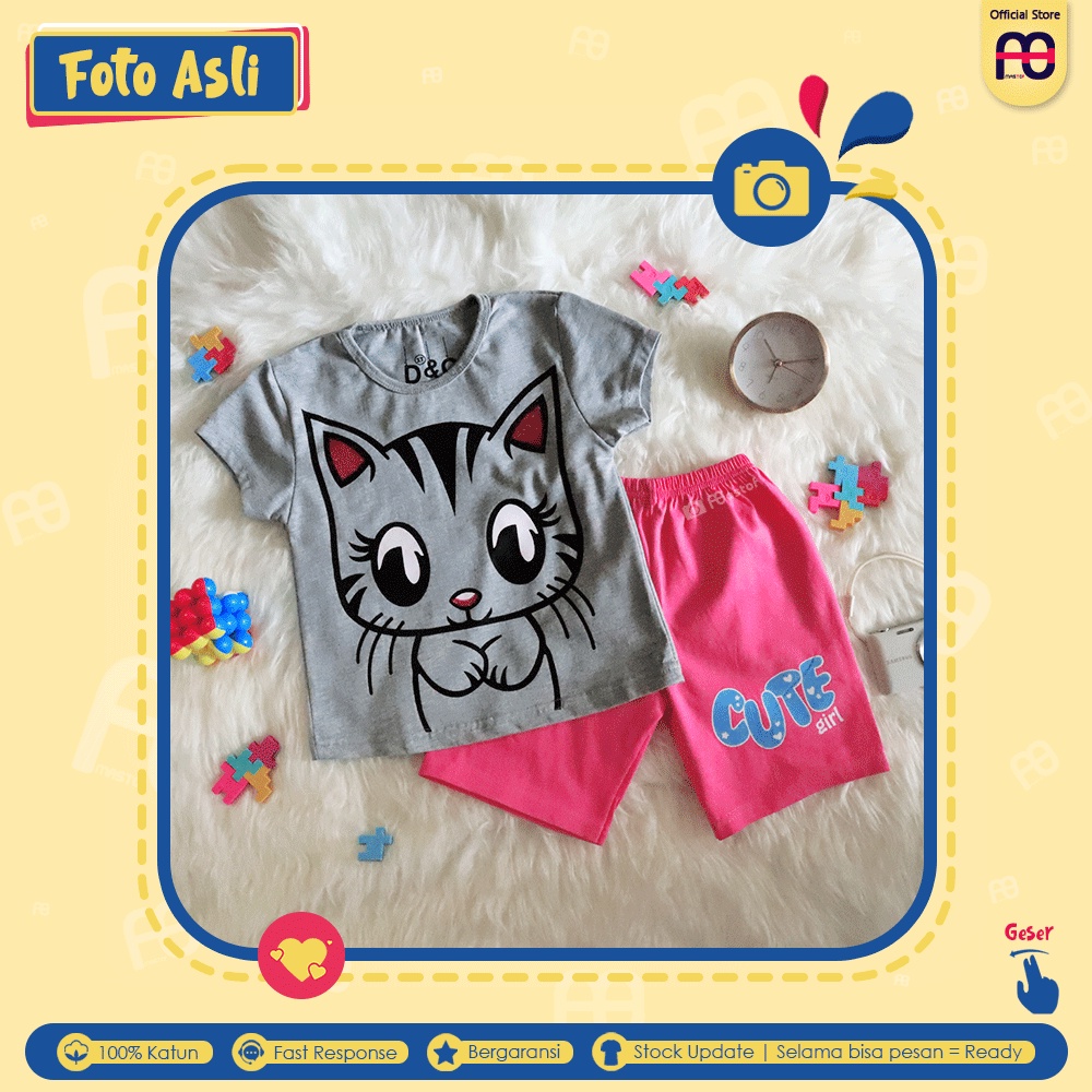 Setelan Anak Perempuan Mastof D Series 1 - 11 Tahun Baju Anak Edisi Favorit 2-Cute Cat Abu