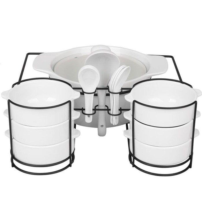 Prasmanan Mangkok Sup Basi Set 14 Pcs Porselen Tutup Kaca Rak Hitam