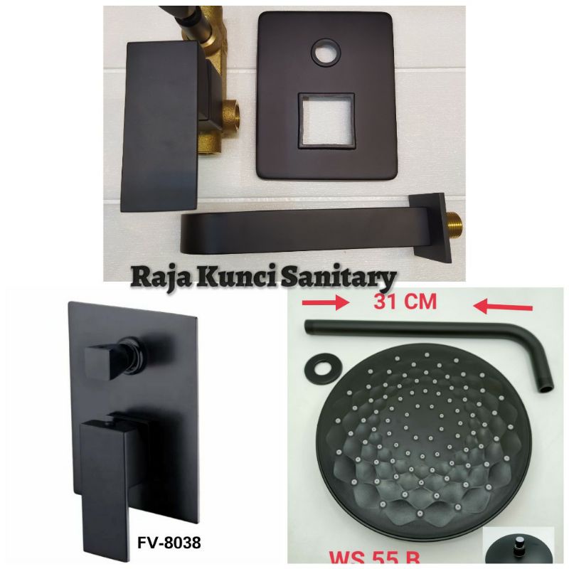 Kran Tanam Shower Panas Dingin Kotak Hitam + Spout + Wall Shower/Kran Shower Tanam Panas Dingin Kotak Hitam Black