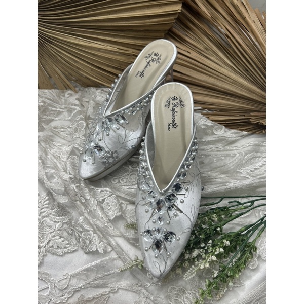 sepatu wanita wedding Nakita silver 7cm kaca