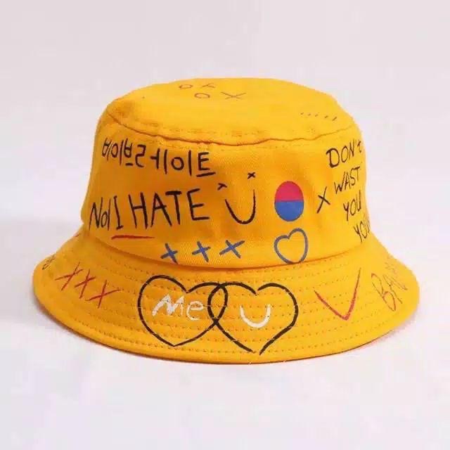 Topi badas bucket/ Wanita Motif Graffiti Gaya Korea Untuk Pasangan-Kpop Topi Bucket AksesorisFashion