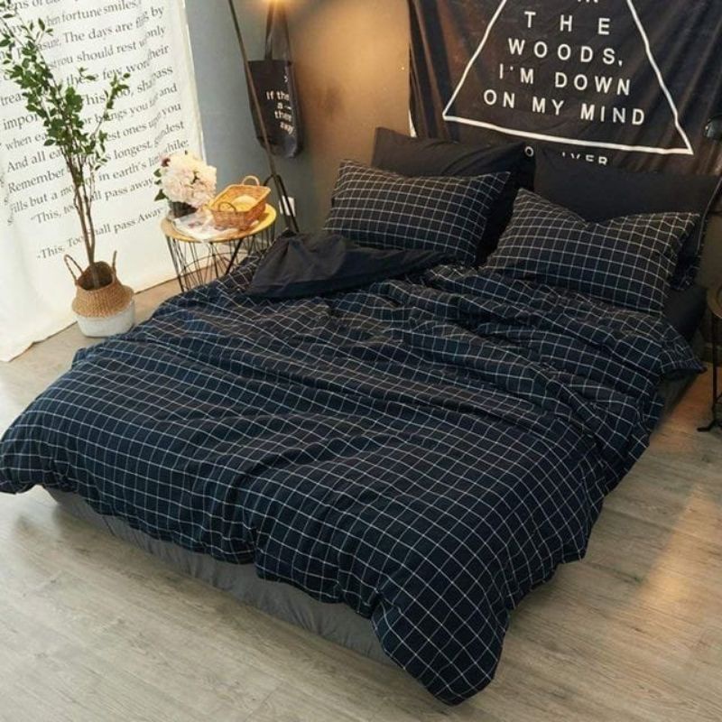 Sprei Seprei Hitam Kotak Kotak Aestetik Black Square Black grey Navy Dark Grey