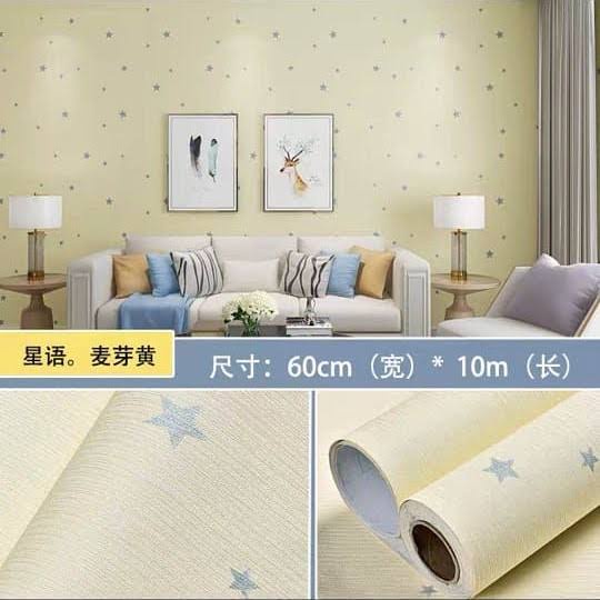 WALLPAPER DINDING WARNA CREAM MOTIF BINTANG SILVER