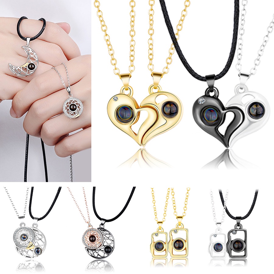 2pcs Kalung Rantai Liontin Matahari Bulan Hati Kamera Magnetik Untuk Pasangan