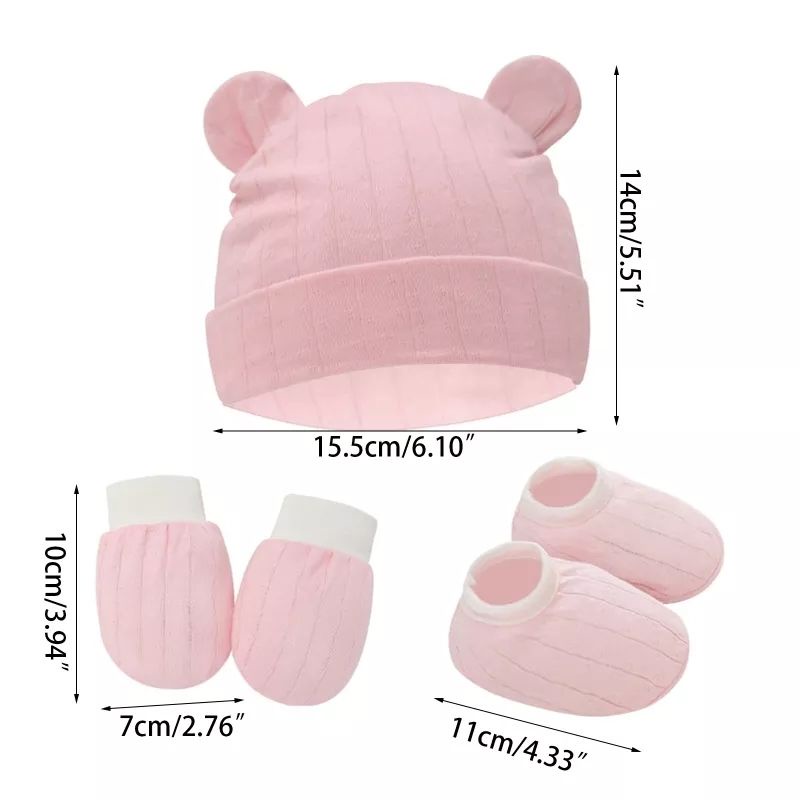 (Pimenova) topi set sarung tangan dan kaki katun import kupluk bayi mitten bayi