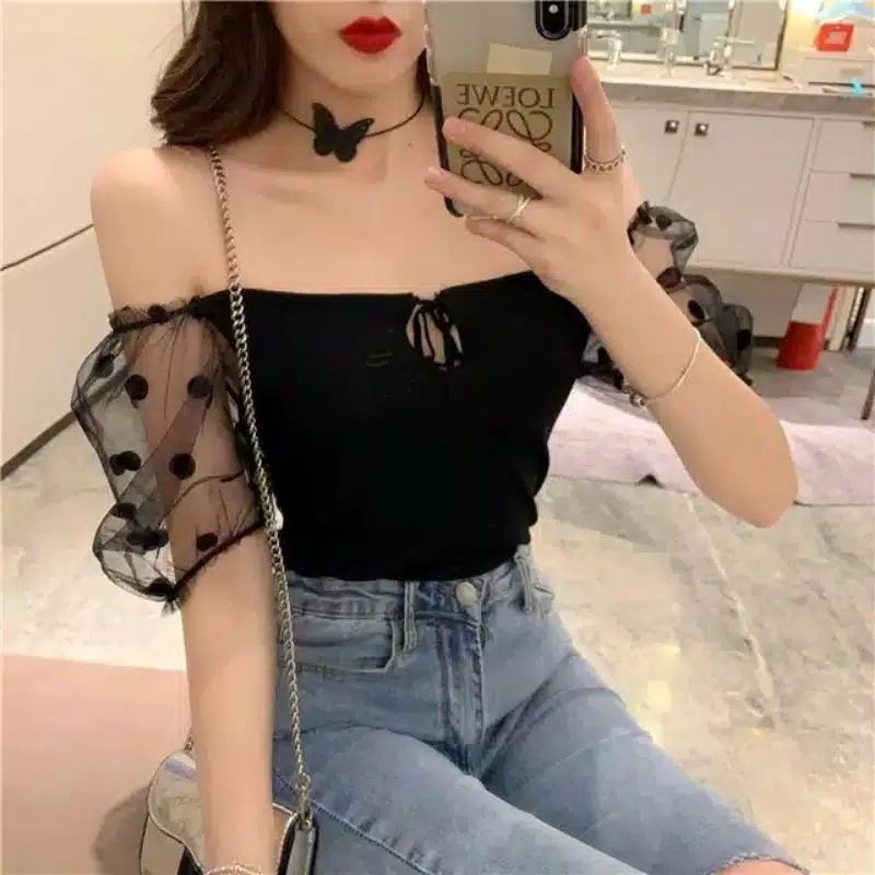 TBI T-Shirt Blouse Wanita Korea Style Top Knit Slim Baju Rajut Sexy Import Sabrina Polkadot Knitwear