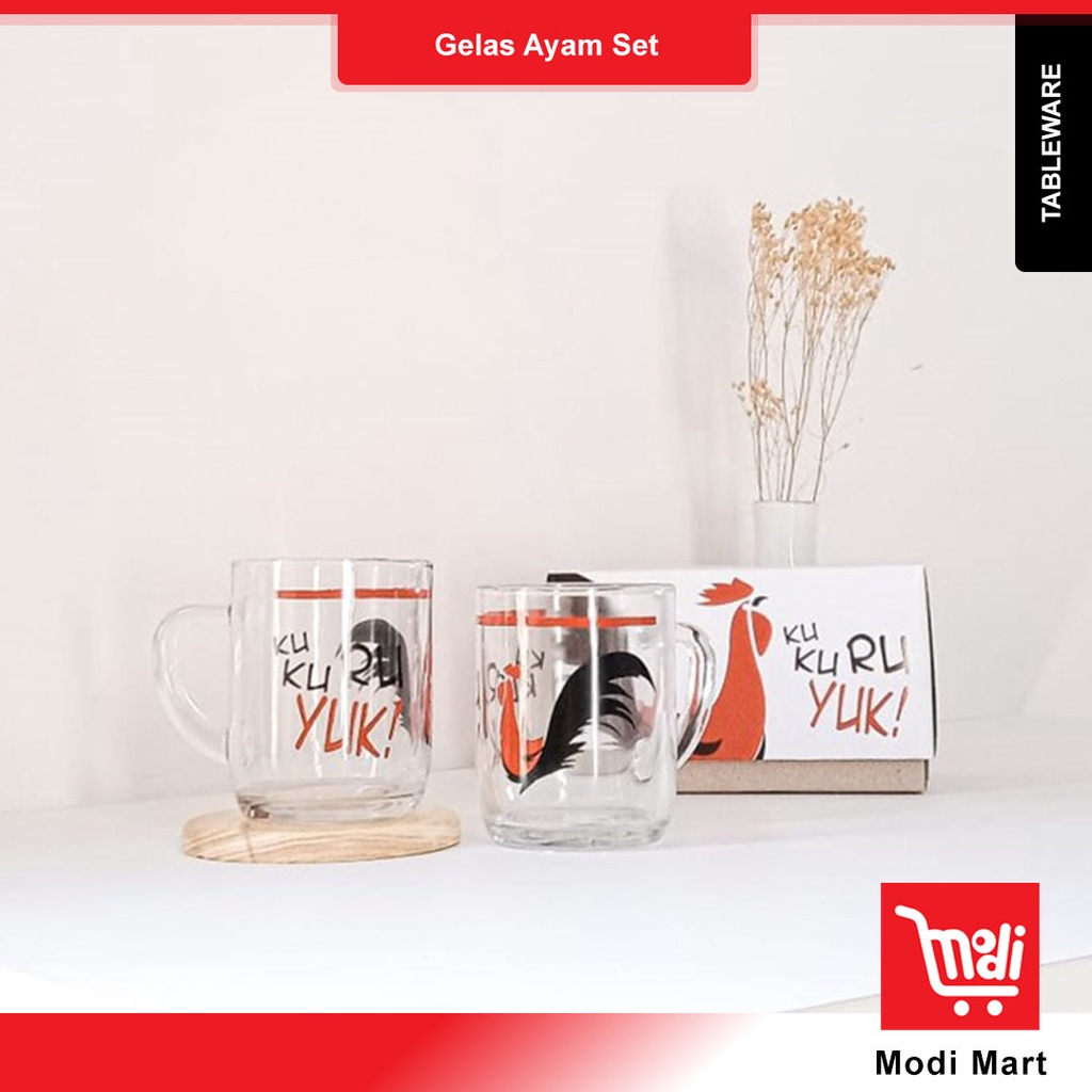 Gelas Kukuruyuk Ayam Set/ Gelas Kopi Kaca/ Gelas Cangkir/ Gelas Susu (FREE Packaging)