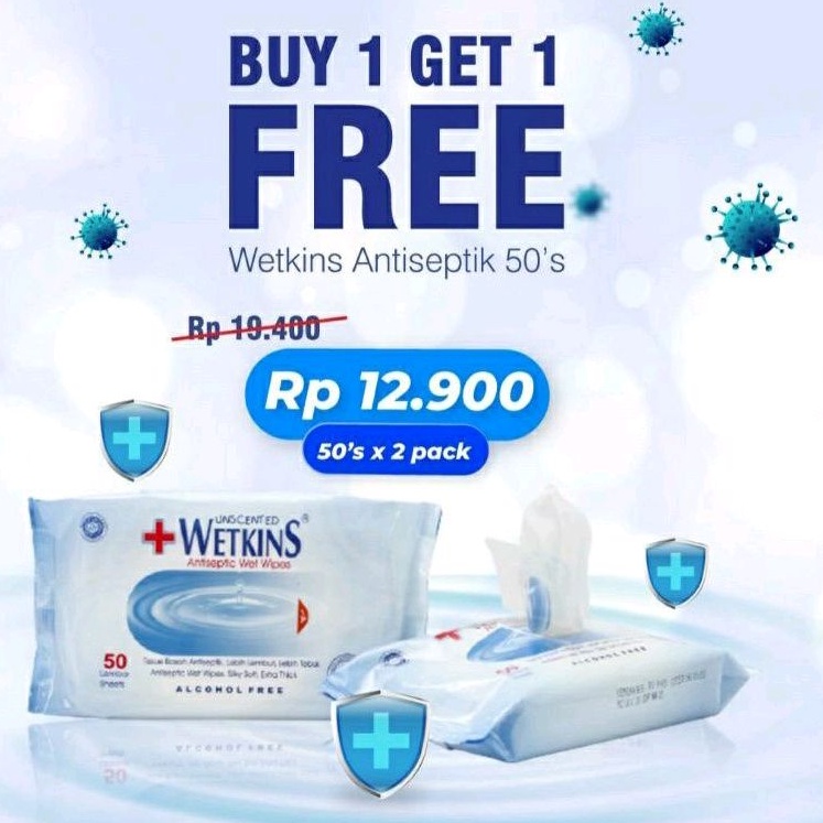 BUY 1 GET 1 FREE Tisu Basah Antibacterial Antiseptic isi 50 Lembar Wetkins 50's tissue basah