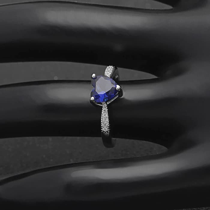 Cincin Lapis Emas Putih Silver Batu Biru Sapphire Imitasi Love - AG293