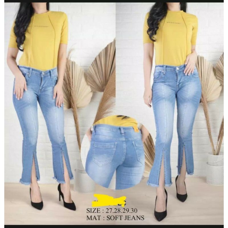 celana jwans wanita cutbray 7/9 belah depan rawis bawah import premium