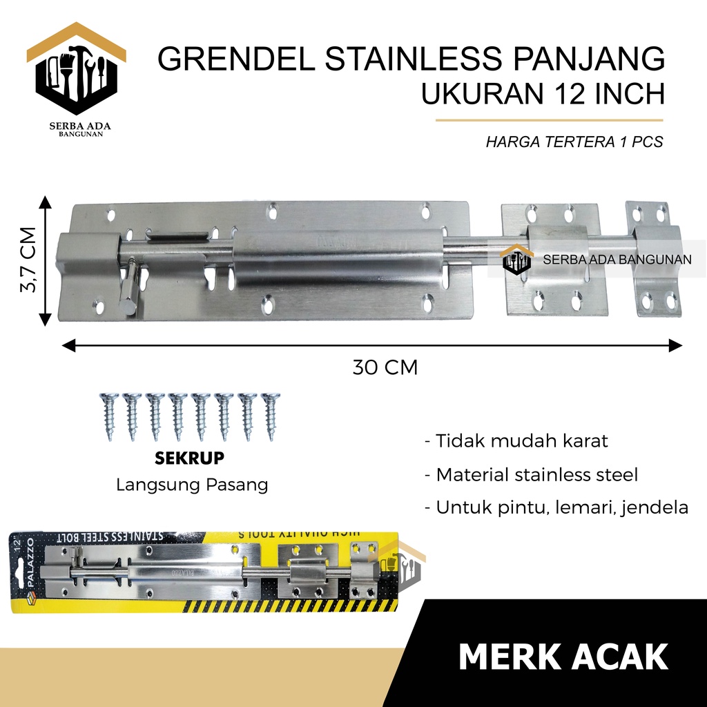 GRENDEL SLOT PINTU STAINLESS STEEL PANJANG 8 - 10 -12 INCH / KUALITAS TEBAL KUAT PENGUNCI SELOT RUMA