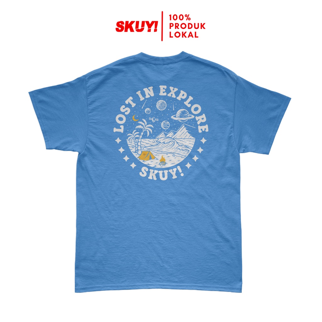 Skuy Kaos Dewasa Lost In Explore Unisex Lengan Pendek Biru Sedang Katun Combed 24s SKY02