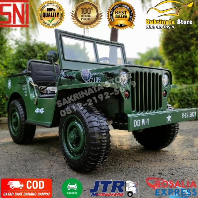 Mobil Anak Mainan Aki Jeep Willys 3 Seat Ban Karet