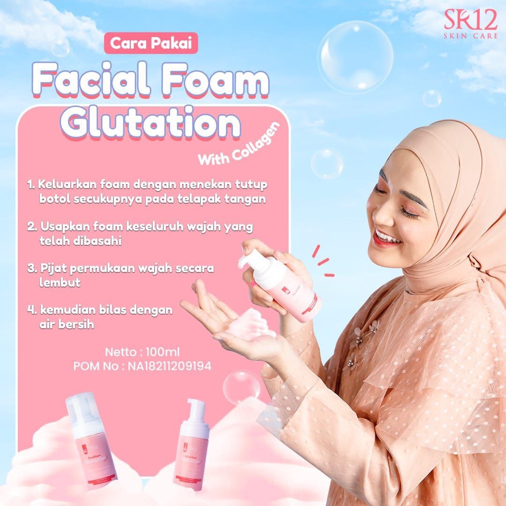 SR12 Facial Foam Glutation with Collagen 100ml Melembabkan Glowing Mencerahkan Kulit Wajah BPOM