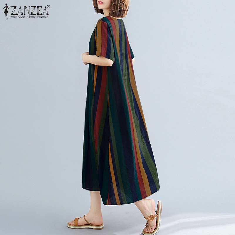 ZANZEA Women Short Sleeve Striped Vintage Flare Swing Maxi Dress